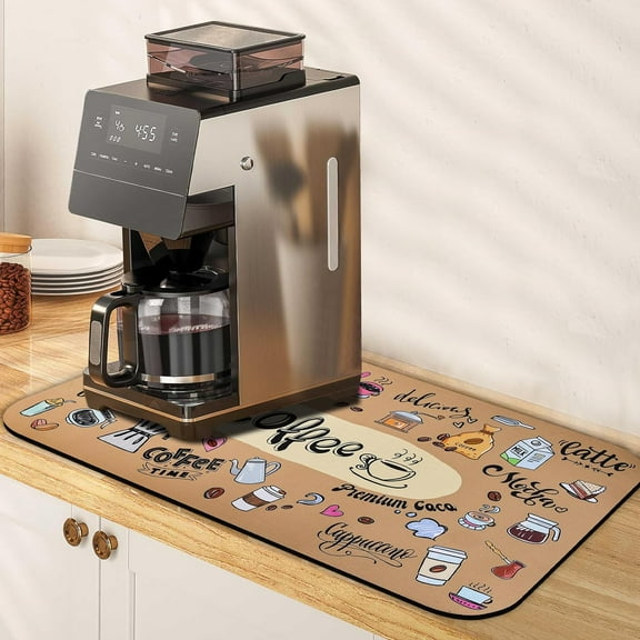 Cute Brown Coffee Mat,Absorbent Hide Stain Dish drying Mat for Kitchen Counter ,Non-slip and Easy Clean Kitchen Countertop Protection Drying Mat,Coffee Bar Decor Fit Under Coffee Maker (12"x 18")