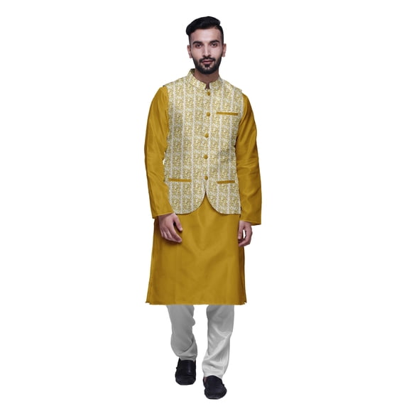 Atasi Ethnic Kurta Churidar Pajama Set With Printed Nehru Jacket Set For Mens