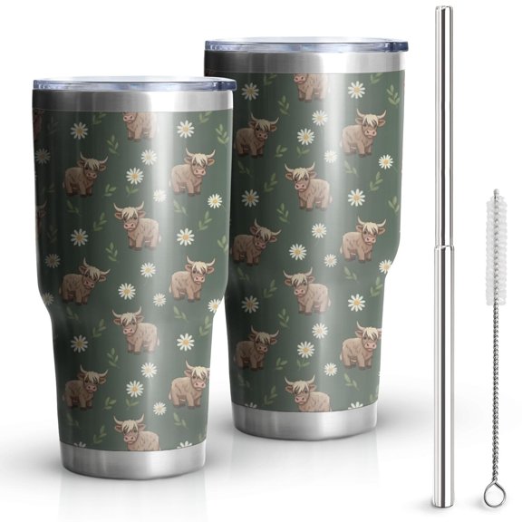 30oz Green Highland Cow Dinosaur Pattern Tumblers Stainless Steel Tumbler with Lid and Straw,Vacuum Insulated Double Wall Travel Tumbler Cups Mug with Cleaning Brush for Coffee,Tea