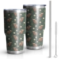 30oz Green Highland Cow Dinosaur Pattern Tumblers Stainless Steel Tumbler with Lid and Straw,Vacuum Insulated Double Wall Travel Tumbler Cups Mug with Cleaning Brush for Coffee,Tea