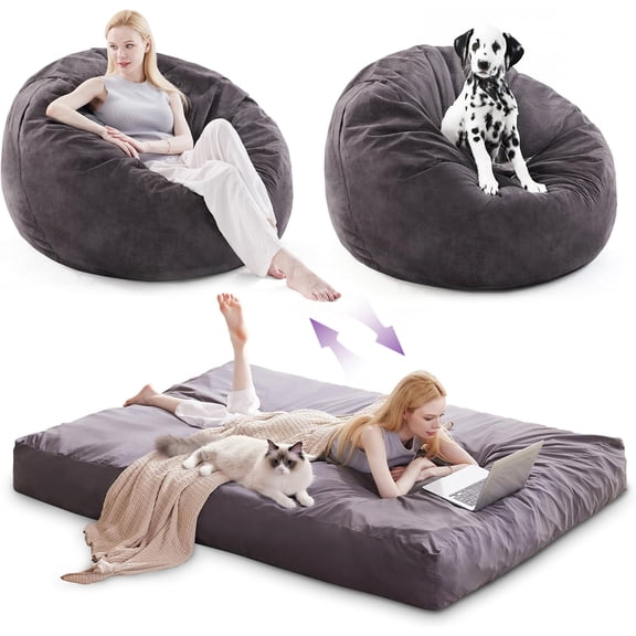 Someet 2 in 1 Convertible Bean Bag Chair with Removable & Washable Cover, Full Size Flannel Bean Bag Bed for Adult, Black