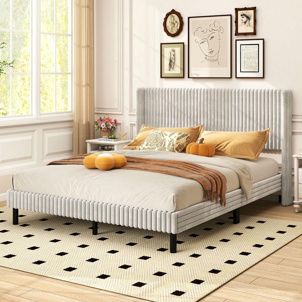 Barara King Queen Size Velvet Bedroom Bed Frame with Vertical Channel Tufted Wingback Headboard, Bed Platform Frame for Apartment, Bedroom, White