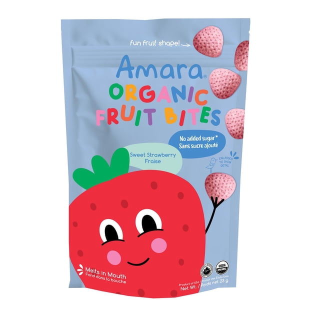 Bouchées aux fruits biologiques Amara, Fraise, 23 g, collation fondante pour bébés et tout-petits, sans sucre ajouté