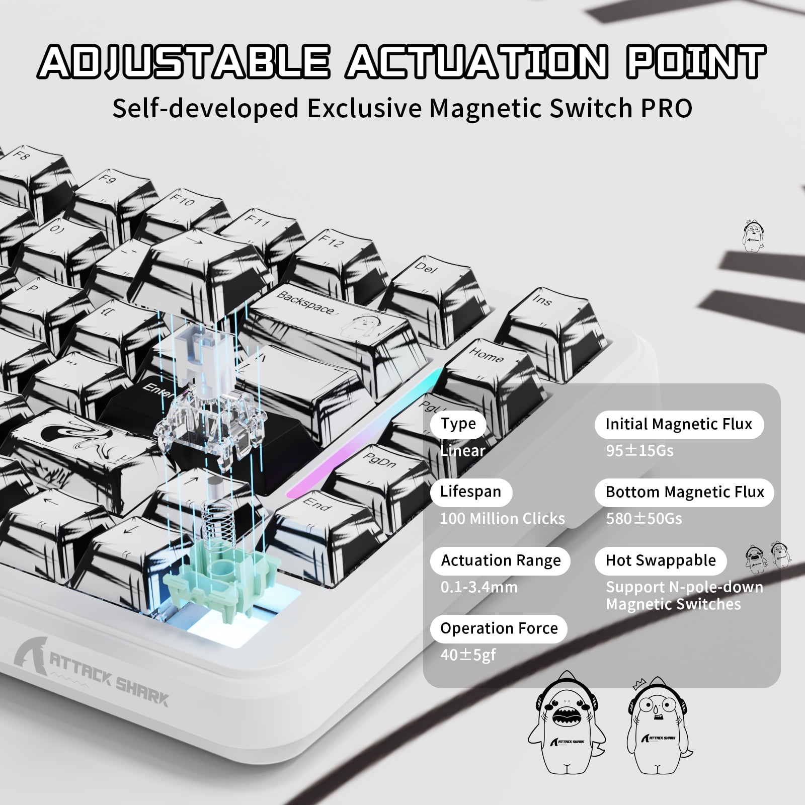 ATTACK SHARK X82PRO HE 75% Wireless Rapid Trigger Magnetic Keyboard, 8K Wired Gaming Keyboard, Hall Effect Switches Adjustable Actuation, QWERTY, RGB Backlit, C01 RGB Coiled Cable -Comic