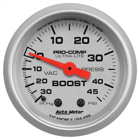 - AutoMeter 4308 Ultra-Lite Mechanical Boost/Vacuum Gauge; 2-1/16 in.; Silver Dial Face; Fluorescent Red Pointer; White Incandescent Lighting; Mechanical; 30 IN HG/45 PSI;