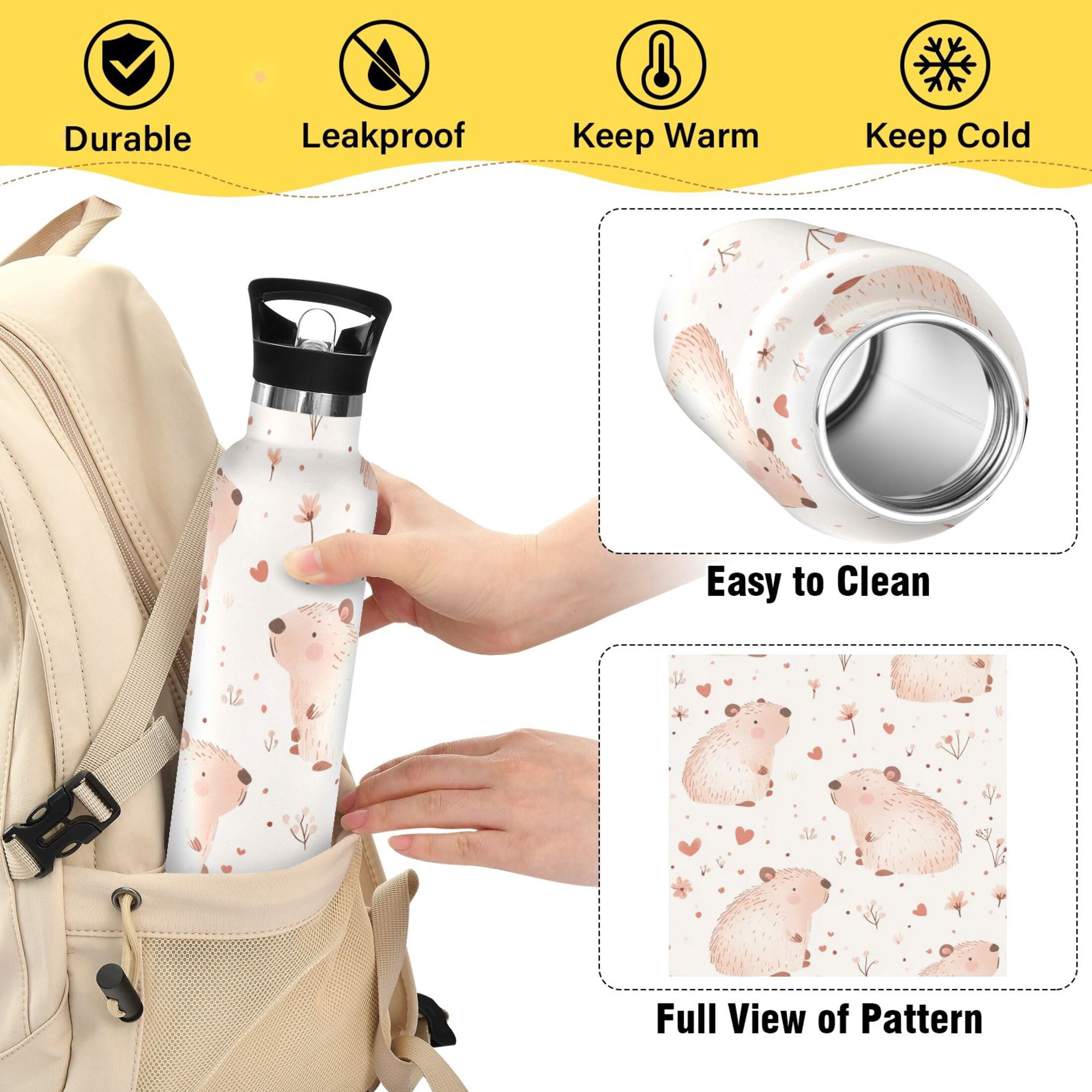 Kids Insulated Stainless Steel Sports Water Bottle 600ml (20oz) Cute Capybaras Pattern