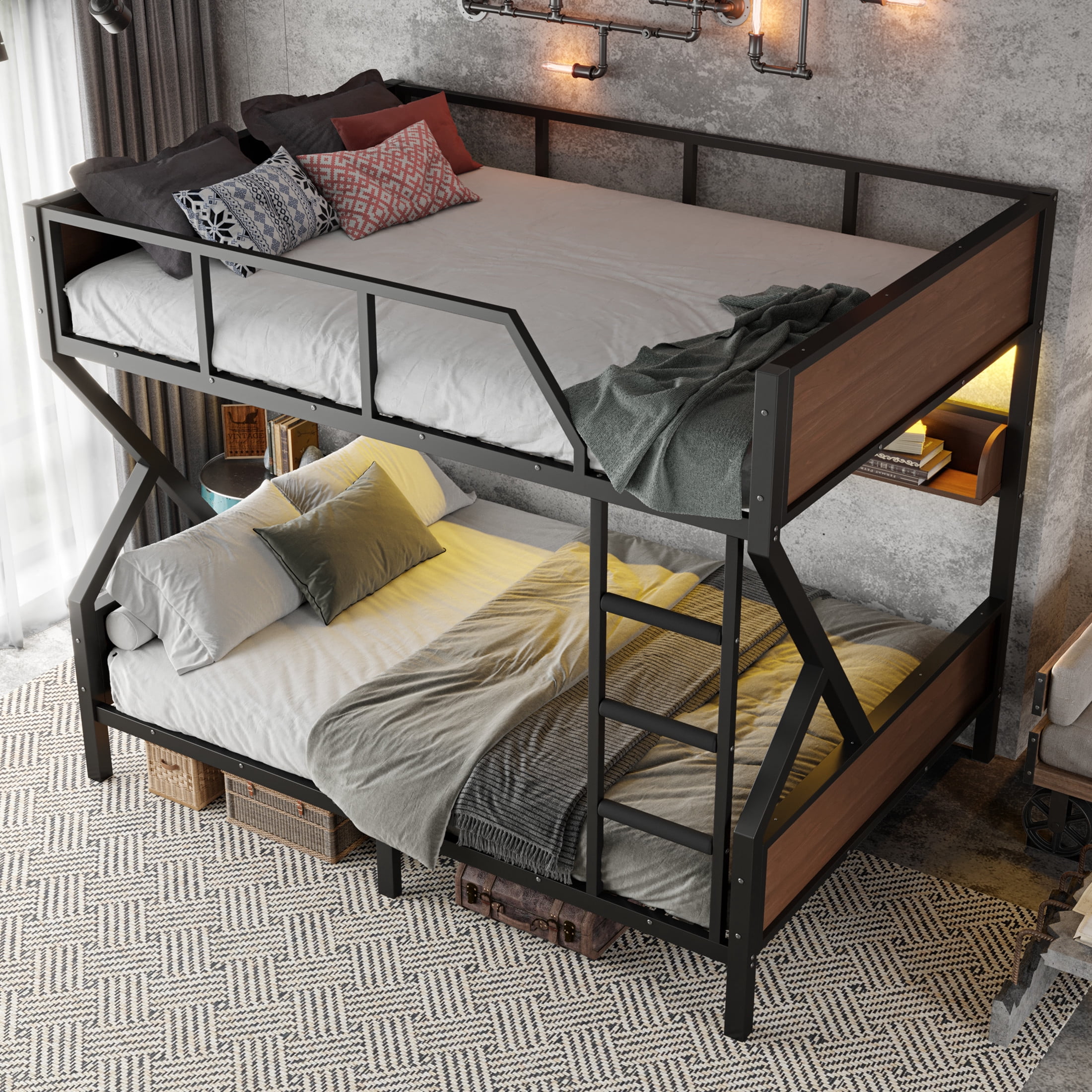 Noble House Queen over Queen Metal Bunk Bed with Storage Shelves and LED Lights, Black