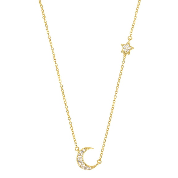 10K Yellow Gold Moon and Star 18" Chain Necklace With Diamonds Gift For Women