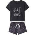 thumbnail image 1 of Pyjama d'Été pour Femmes 2 Pcs Mignon Chat Ensemble de Nuit, Noir, 1 of 5