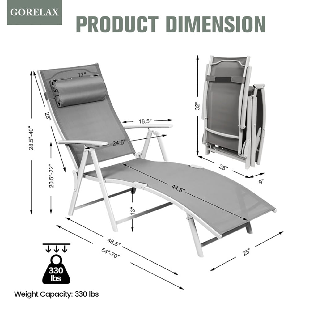 Aimee Lii Adjustable Outdoor Lightweight Folding Chaise Lounge Chair with Pillow, Patio Loungers, Gray Aimee Lii Adjustable Outdoor Lightweight Folding Chaise Lounge Chair with Pillow, Patio Loungers, Gray
