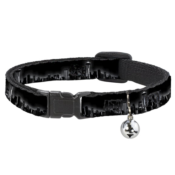 Buckle-Down Breakaway Cat Collar With Bell, Plastic Clip, Easy Adjustable, Seattle Vivid Skyline Black White, 8.5 to 12 Inches 0.5 Inch Wide