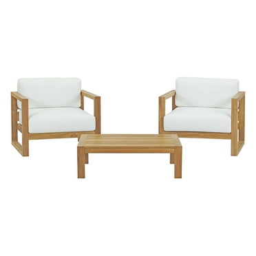 Lounge Sectional Sofa Chair Table Set, White Natural, Teak Wood, Fabric, Modern Contemporary, Outdoor Patio Balcony Cafe Bistro Garden Furniture Hotel Hospitality