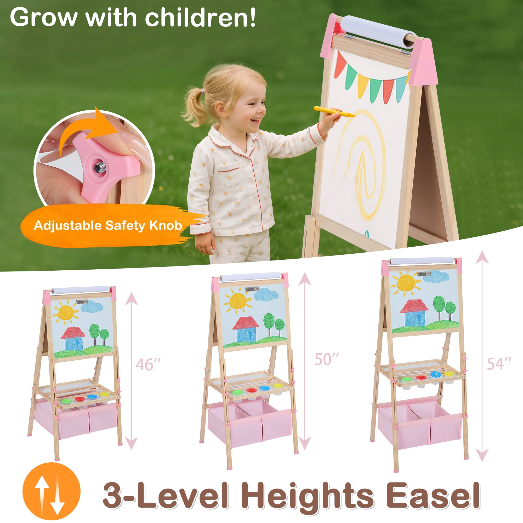LINLUX Wooden Kid Easel for Paintings, Art Easel for Kid Double Side, Magnetic Whiteboard Chalkboard, Pink