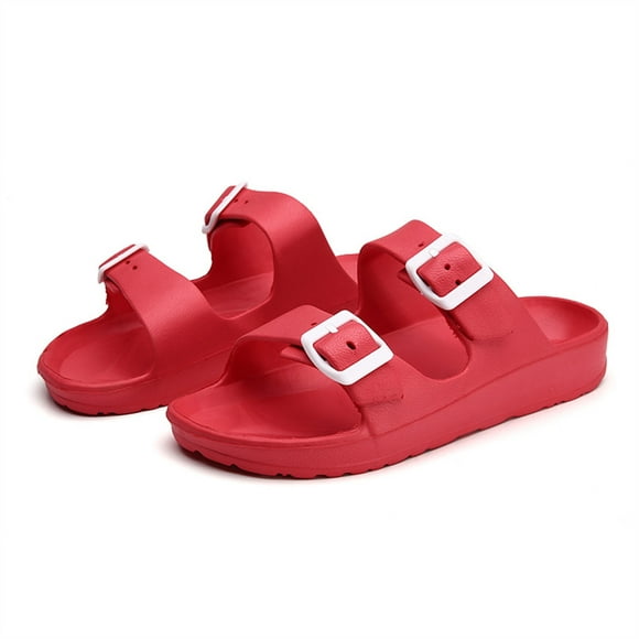 Outdoor indoor Women's Comfort Slides Double Buckle Adjustable Flat Sandals (Red, 40)