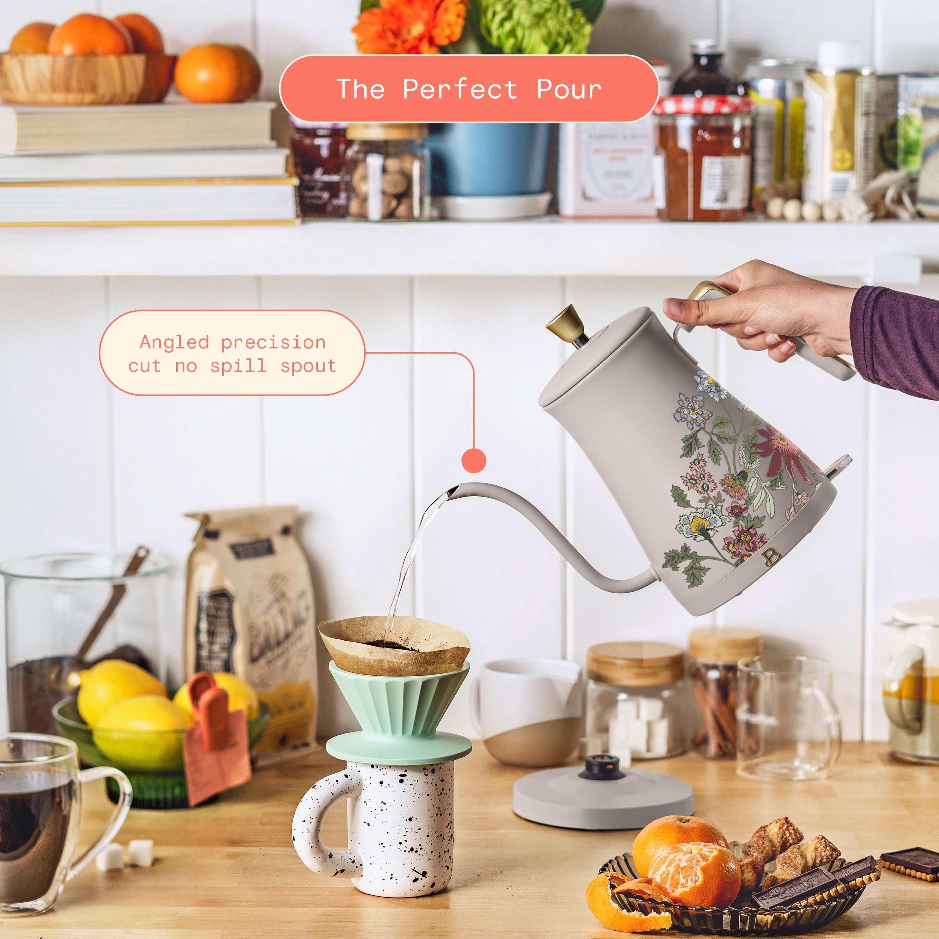 Beautiful 1-Liter Electric Gooseneck Kettle 1200 W, Wildflower Porcini Taupe by Drew Barrymore