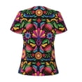 thumbnail image 3 of Goofa Colorful Floral Embroidery Mexican Pattern Womens Deep V Neck Low Cut Tops Casual Summer Short Sleeve Ribbed Knit T-Shirts-Large, 3 of 5