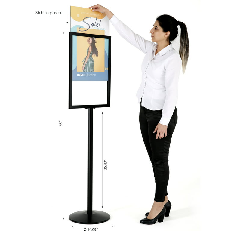 M&T Displays Sign Holder Stand, Black 22x28 Inch Poster Frame Double Sided  Slide-In Aluminum Easy Loading Floor Standing Pedestal Advertisement Post  Commercial Menu Holder Round Heavyweight Base 