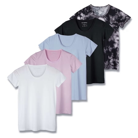 Real Essentials 5 Pack: Women's Dry Fit Tech Stretch Short-Sleeve Crew Neck Athletic T-Shirt (Available in Plus Size)