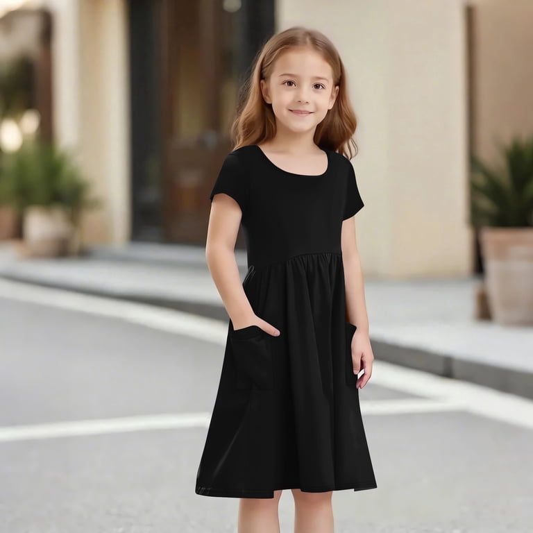 Mini Dress Girls Black Jersey Dress TQWQT Girls Black Dresses Summer Short  Sleeve Plain Dress Size 10