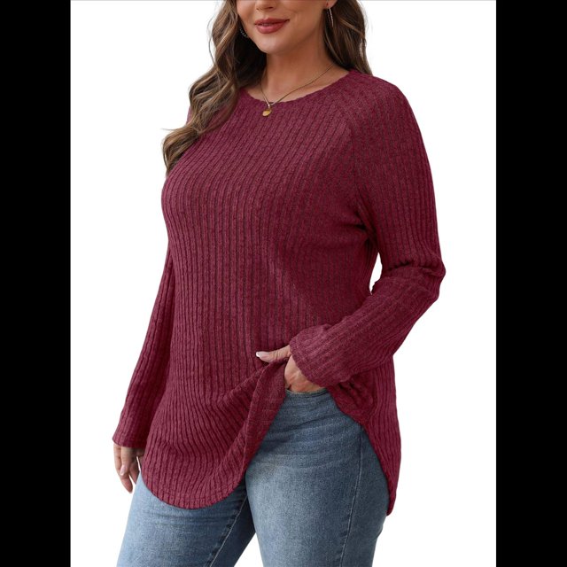 Camisas de Larga para Mujer, Blusas Tipo Túnica para Mujer, Suéteres Básicos Holgados y Elegantes con Cuello Redondo para Mujer. Rojo M