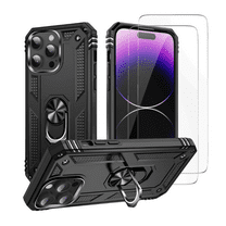 3-in-1 Entronix Heavy Duty Case Bundle for iPhone 16 Pro Max, Shockproof Rugged Cover with Rotating Holder Ring and 2 Clear Tempered Glass Screen Protectors, Black