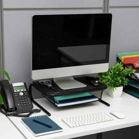 Mind Reader - Monitor Stand, Ventilated Laptop Riser, Desktop Organizer, Paper Tray, Metal Mesh, 16.75"L x 13"W x 5.25"H - Black