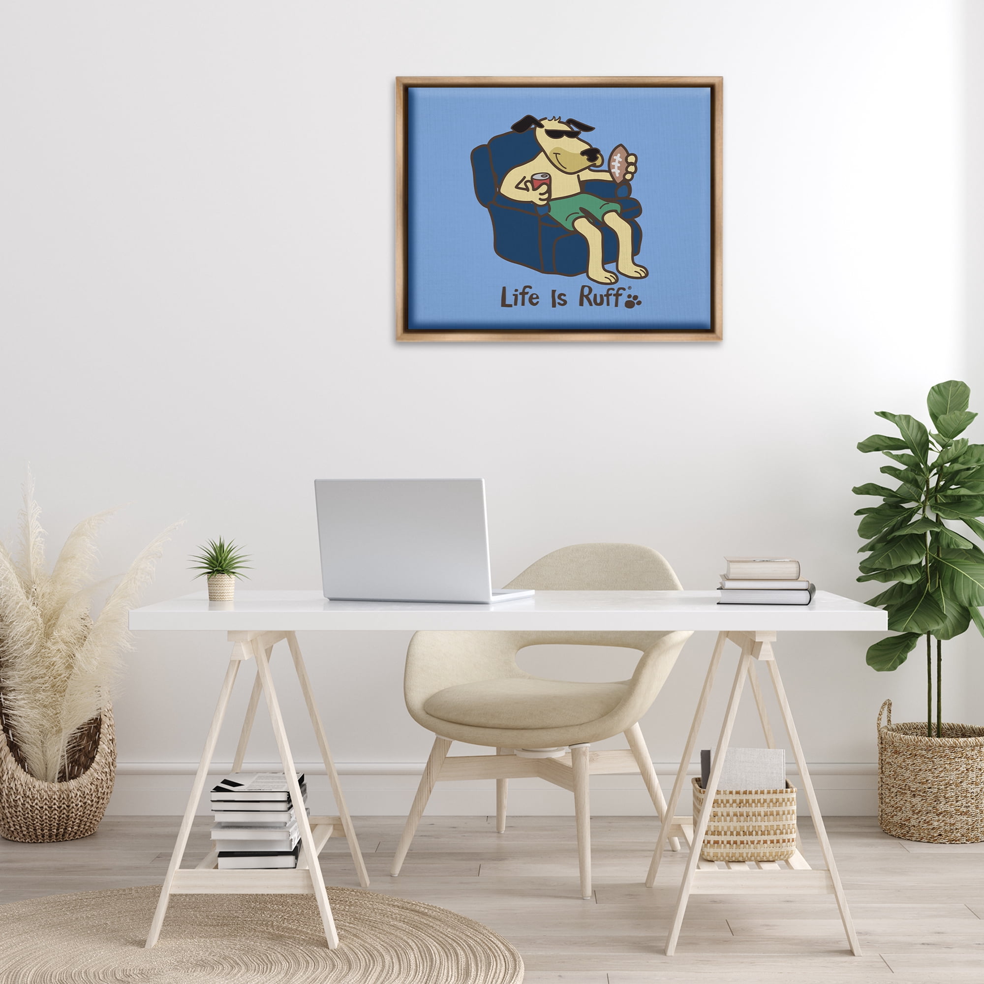 Stupell Industries Lounging Dog with Football Animals Painting Brown Floater Framed Canvas Art Print Wall Art, 31 x 25