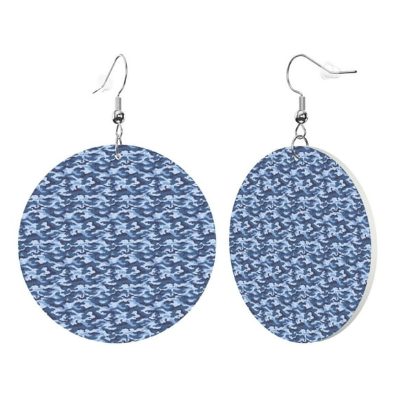 Round Leather Earrings For Women Navy Digital Blue Camouflage Drop Earrings Lightweight Dangle Earrings