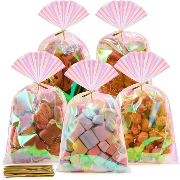 CCOCC Cellophane Bags, 100 Pcs 6X10 Inches Clear Treat Bags with Ties Plastic Gift Bag Holographic Iridescent Pink Goodie Bag for Party Favors Wedding Candy Valentine Snack Popcorn Cookies Packing