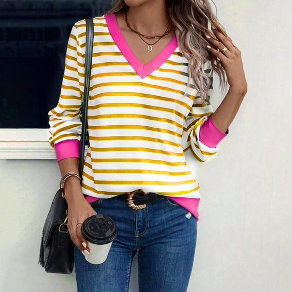 Women's Long Sleeve Shirts Casual Striped Tops Color Block V Neck Blouses Tunic Top Spring Fall Lightweight Outfits Pullover Tshirts