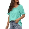 thumbnail image 3 of Blusa de manga corta suave y elegante, holgada, de color puro, para usar en la oficina o al aire libre, talla L, camiseta verde con mangas abullonadas para mujer, 3 of 6