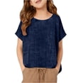 thumbnail image 4 of YOUYEDIAN Cotton Linen Tops for Girls Oversized Summer Boho Short Sleeve T Shirts Teen Kids Plain Loose Lightweight Beach Blouse (Navy, 11-12 Years), 4 of 5