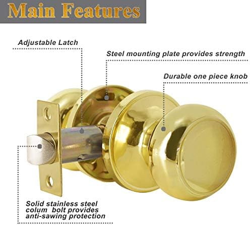 Keyless Flat Ball Door Knob, Non-Locking Passage Door Hardware in Polished Brass for Closet, Hallway & Passage Handle, 1 Pack