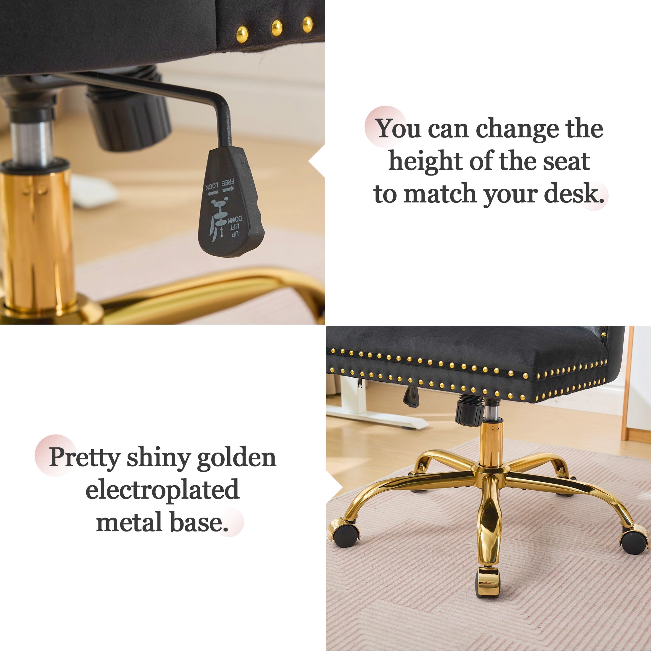 PAPROOS Vanity Chair, Swivel Home Office Chair, Ergonomic Home Desk Chair with Golden Metal Base, Adjustable Height, Velvet Upholstered Tufted Button Task Chair, Black