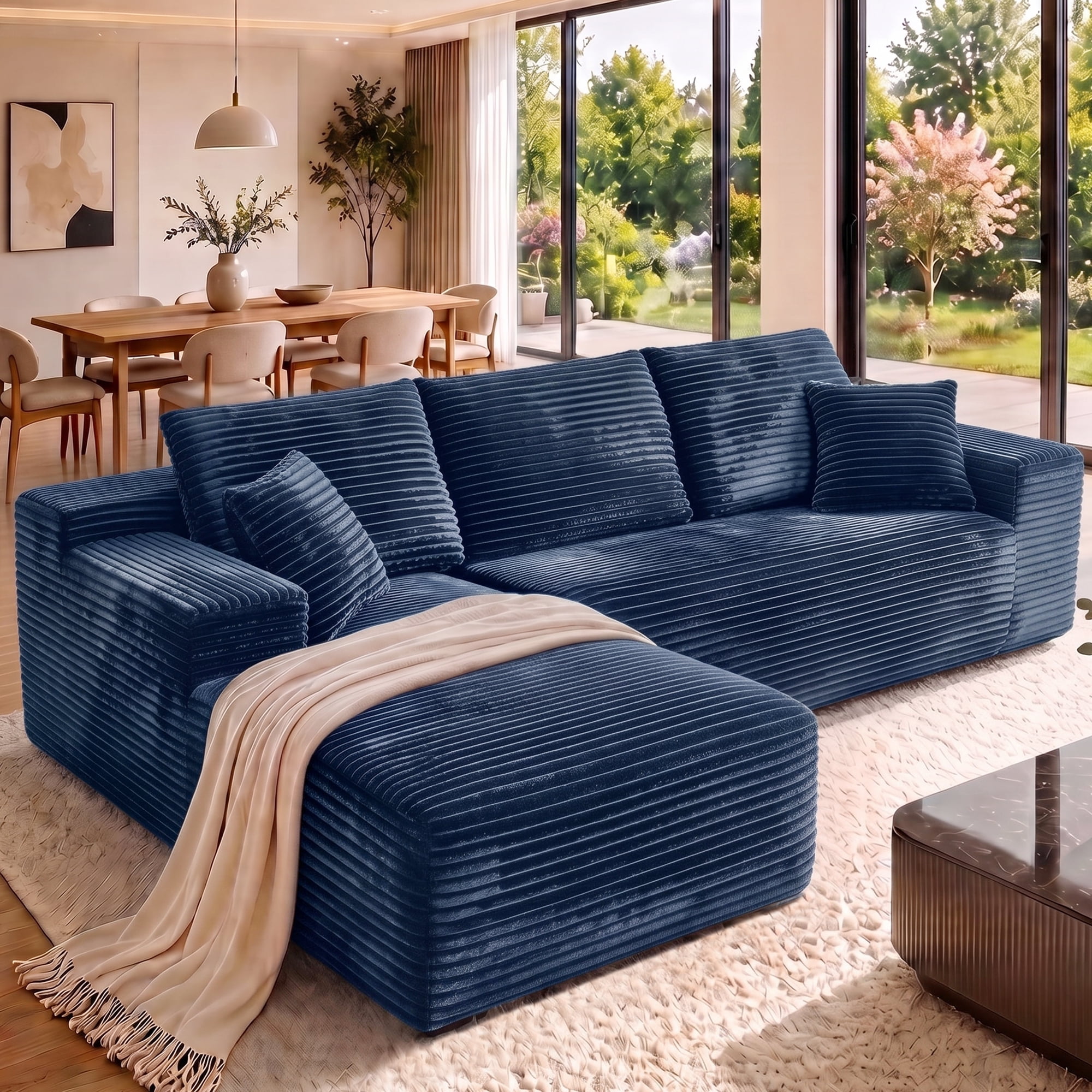 Aukfa 108" Cloud Sectional Sofa Deep Seat Boneless Couch Modular L-Shaped Couch, Left Chaise Corduroy Sofa for Living Room, Blue