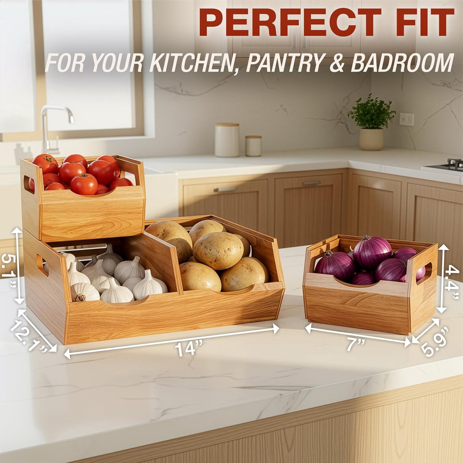 Homestead Acacia Wood Pantry Storage Bins, Stackable Bins Open Front Organizer, Ventilated Potato and Onion Storage Bins with Handles, Wooden Fruit Basket for Kitchen, Set of 3, Natural Wood