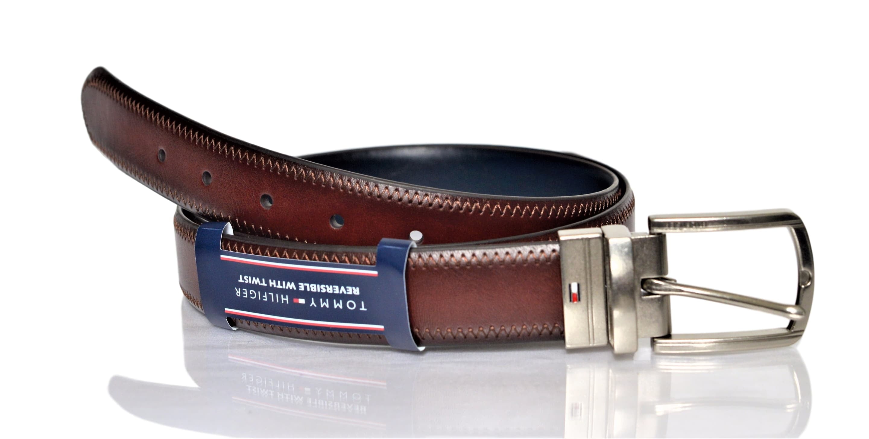 Tommy Hilfiger Men's Feather Edge Reversible Belt with Stitch Brown