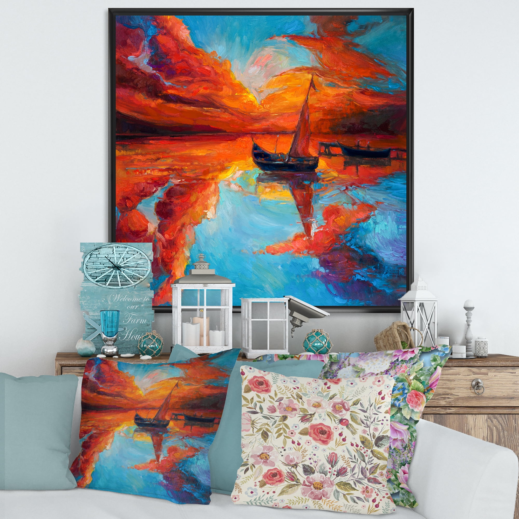 Designart 'Little Boat During Warm Deep Red Evening Glow' Nautical & Coastal Framed Canvas Wall Art Print