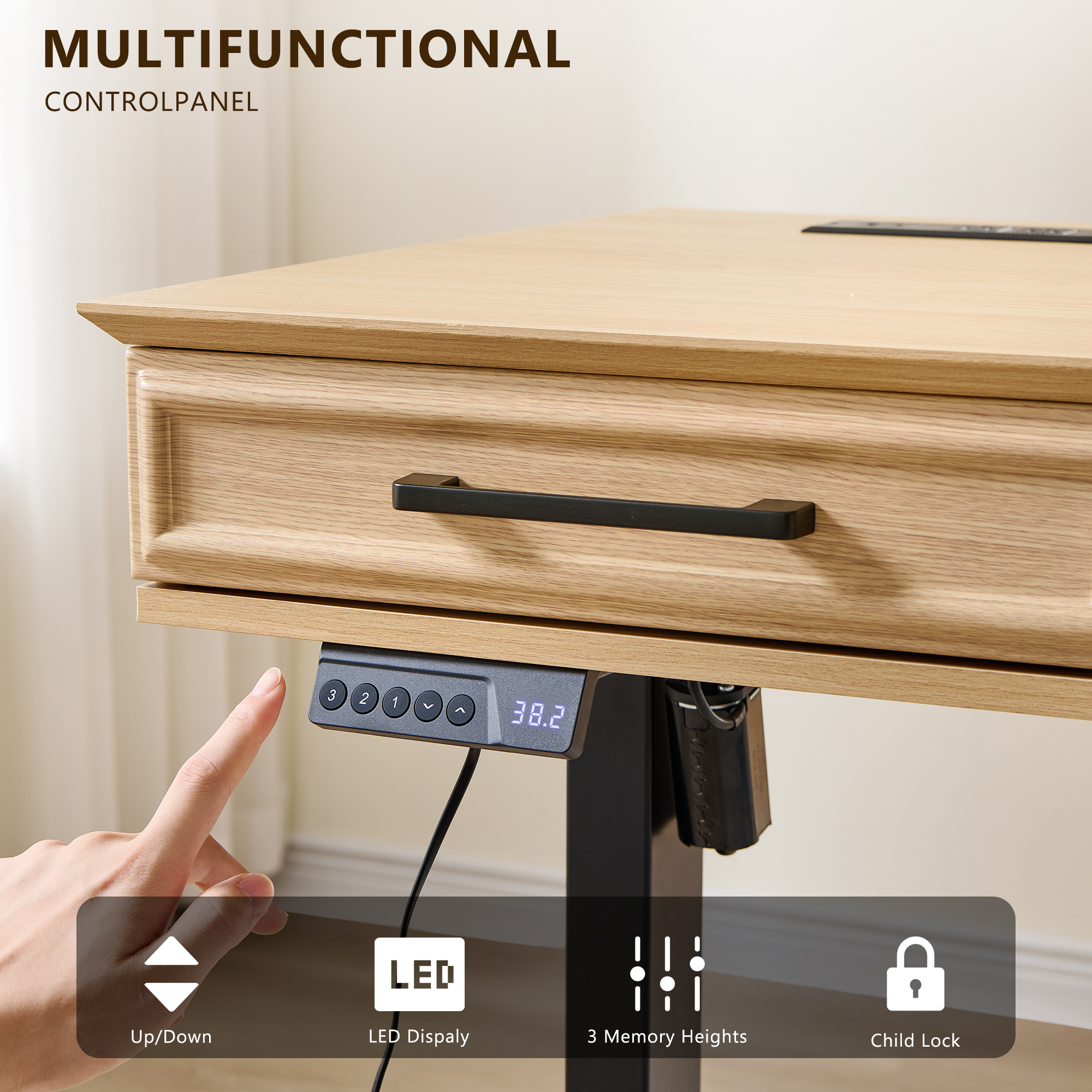 wow97e Electric Standing Desk, 55" x 22" Adjustable Height Office Computer Desk with 3 Storage Drawers, Sit Stand Up Desk with Power Outlets for Study and Home