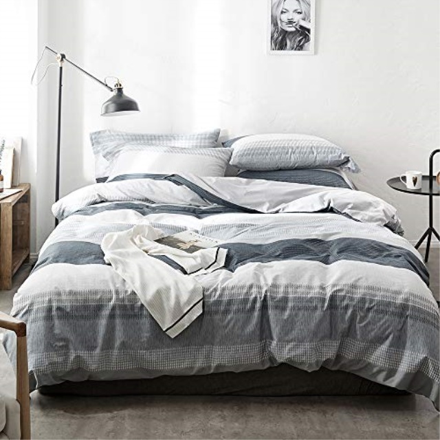 HIGHBUY Reversible Queen Duvet Cover Cotton Bedding Sets Dark Grey Floral Branches Printing Bedding Collection with Zipper Closure Chevron Stripe Pattern Comforter Cover 3 Piece Duvet Cover Set Full
