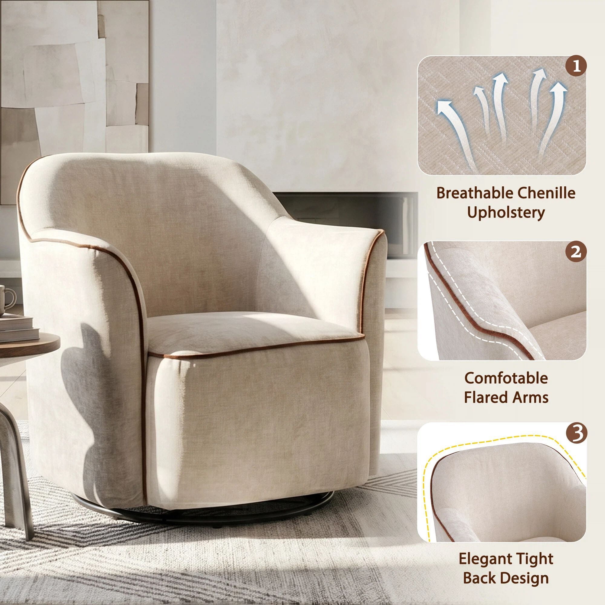 Euroco 360° Swivel Accent Chair, Chenille Upholstered Barrel Chair with Flared Arms, Modern Reading Armchair for Living Room, Bedroom and Office, Beige