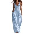 thumbnail image 3 of Boho Button Front Wide Leg Jumpsuit for Women - Sleeveless V-Neck Overall with Pockets, Flowy Casual Linen-Look Summer Romper Light Blue XXL, 3 of 6
