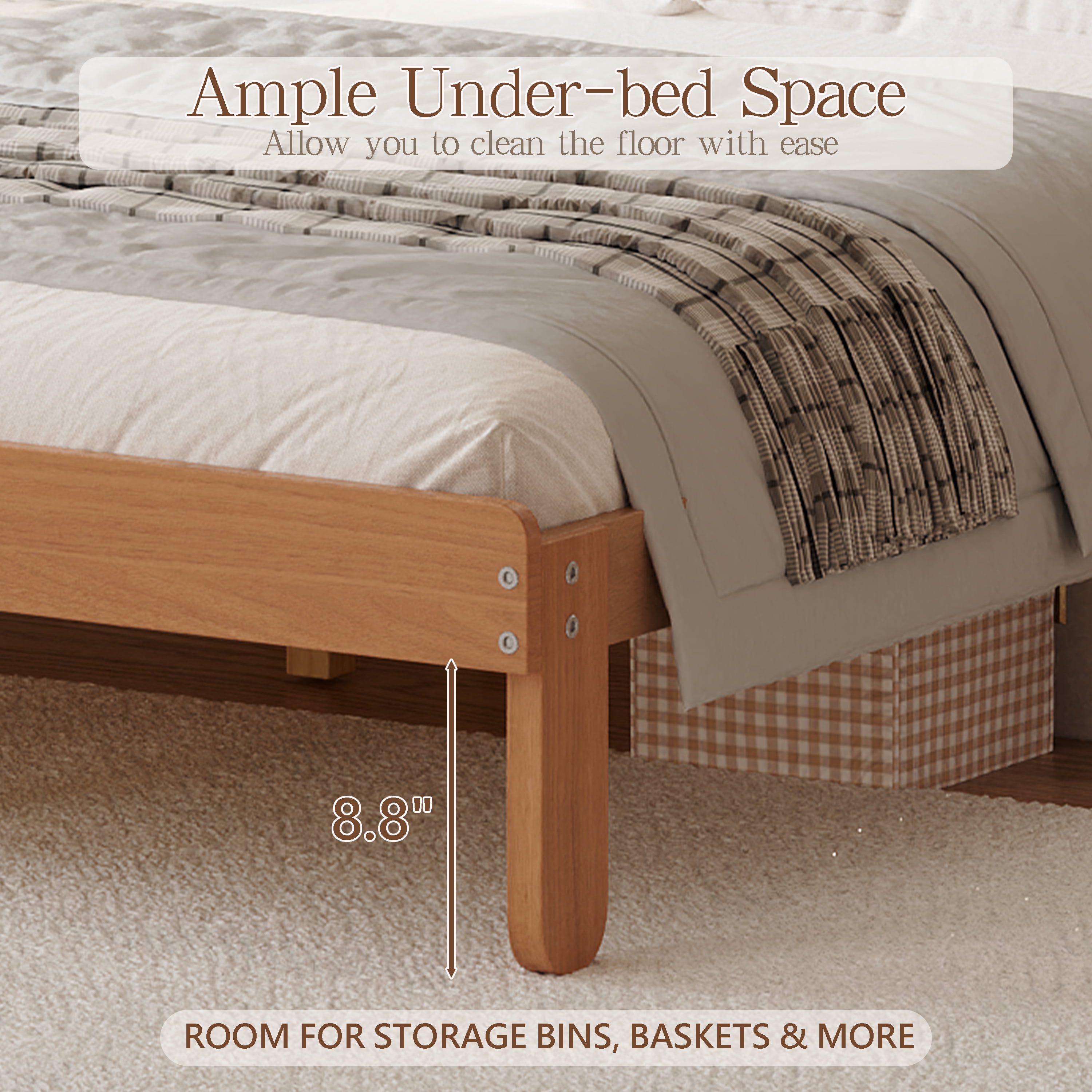 Euroco Full Size Platform Bed with Upholstery Headboard, Wood Bed Frame with Storage Shelves, No Box Spring Needed, Light Walnut