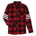 thumbnail image 1 of Project 28 Womens 3 stripe Varsity Plaid Button Up Shirt, Red, Small, 1 of 1