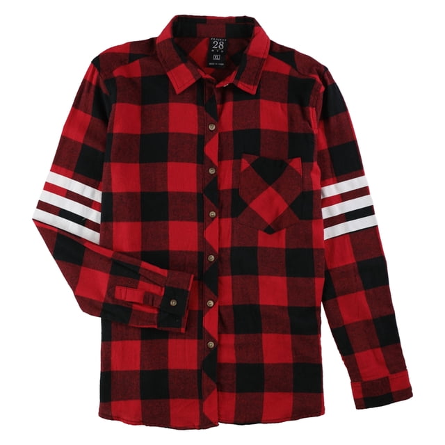 Project 28 Womens 3 stripe Varsity Plaid Button Up Shirt, Red, Small