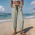 thumbnail image 2 of Womens Summer Striped Barrel Pants Comfy Drawstring Cropped Pant with Pockets Beach Vacation Elastic Waisted Trousers Green L, 2 of 7
