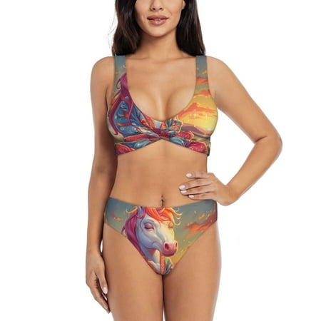 Zeuib Meditating Cute Horse High Waisted Tummy Control Bikini Set - Knot Front Push Up Top & Cheeky Thong Bottom  Two-Piece Swimsuit for Women-X-Large