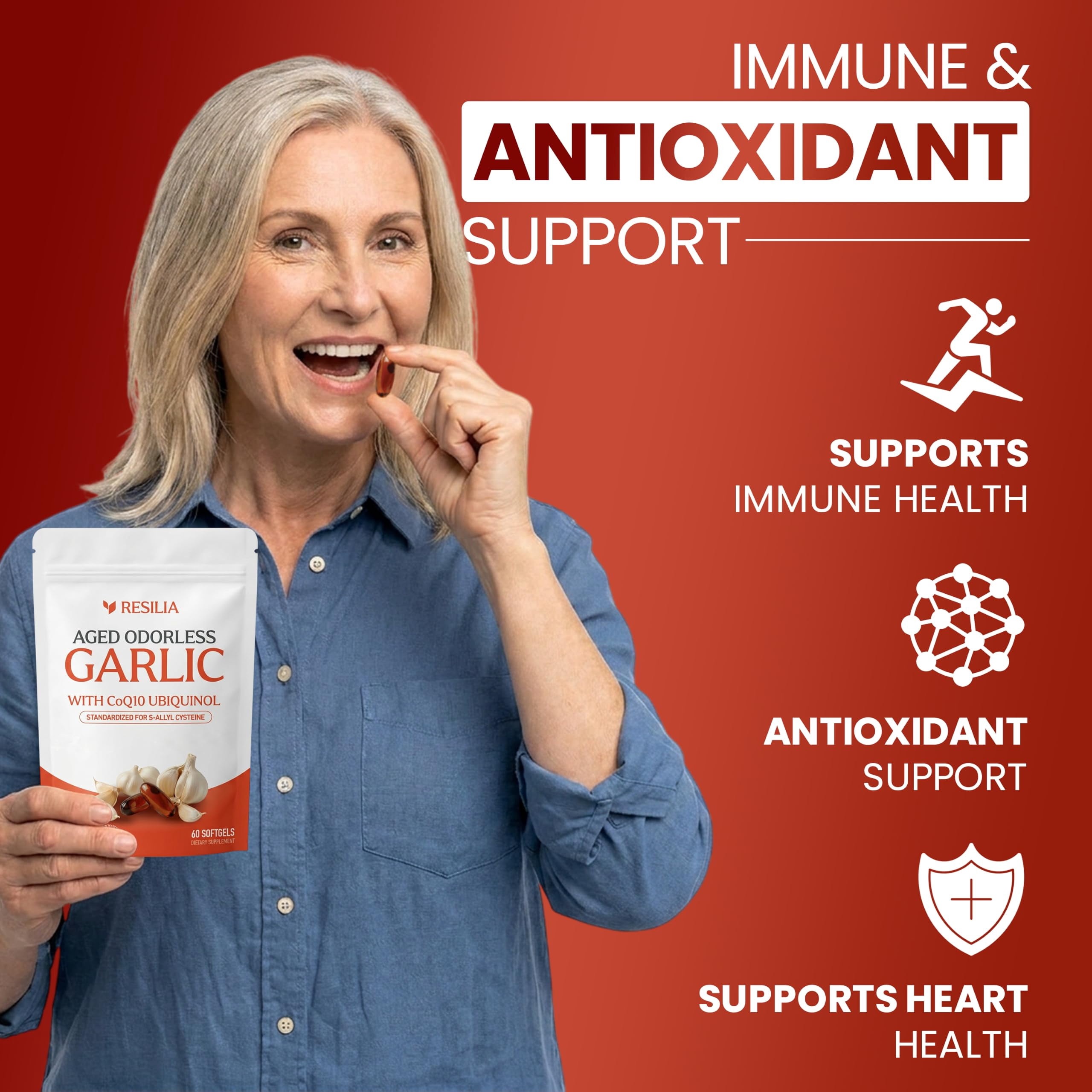 Resilia Odorless Aged Garlic Extract Softgels 600mg with CoQ10 Ubiquinol & Vitamin K2 MK-7, 60 Softgels