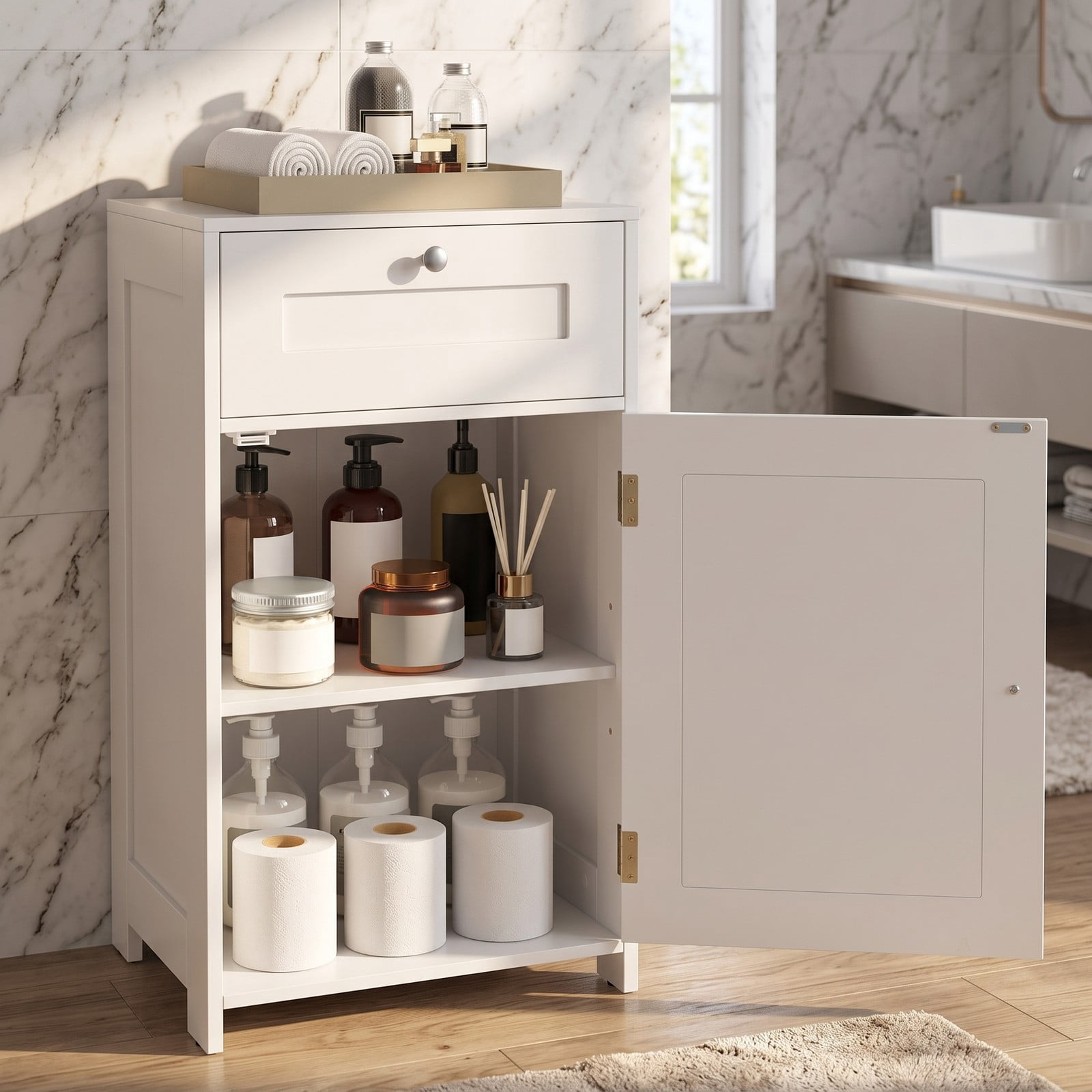 Fenbeli Single Door Bathroom Cabinet with Adjustable Shelf and Drawer, Freestanding Floor Storage Organizer Cabinet for Bathroom, Living Room, Entryway with, White