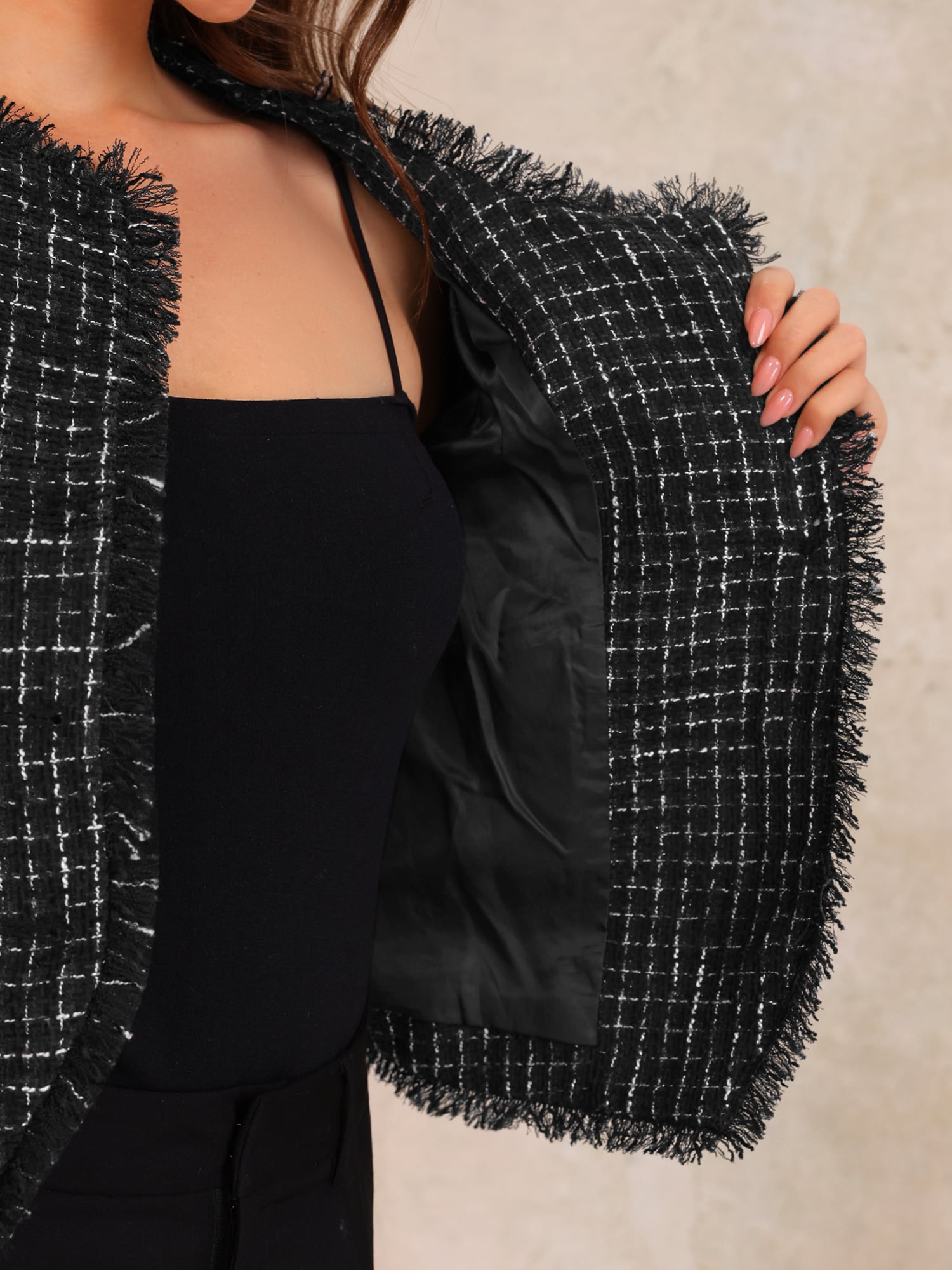 DARING DIVA Women's Plaid Tweed Cropped Button Up Elegant Work Jackets XL Black